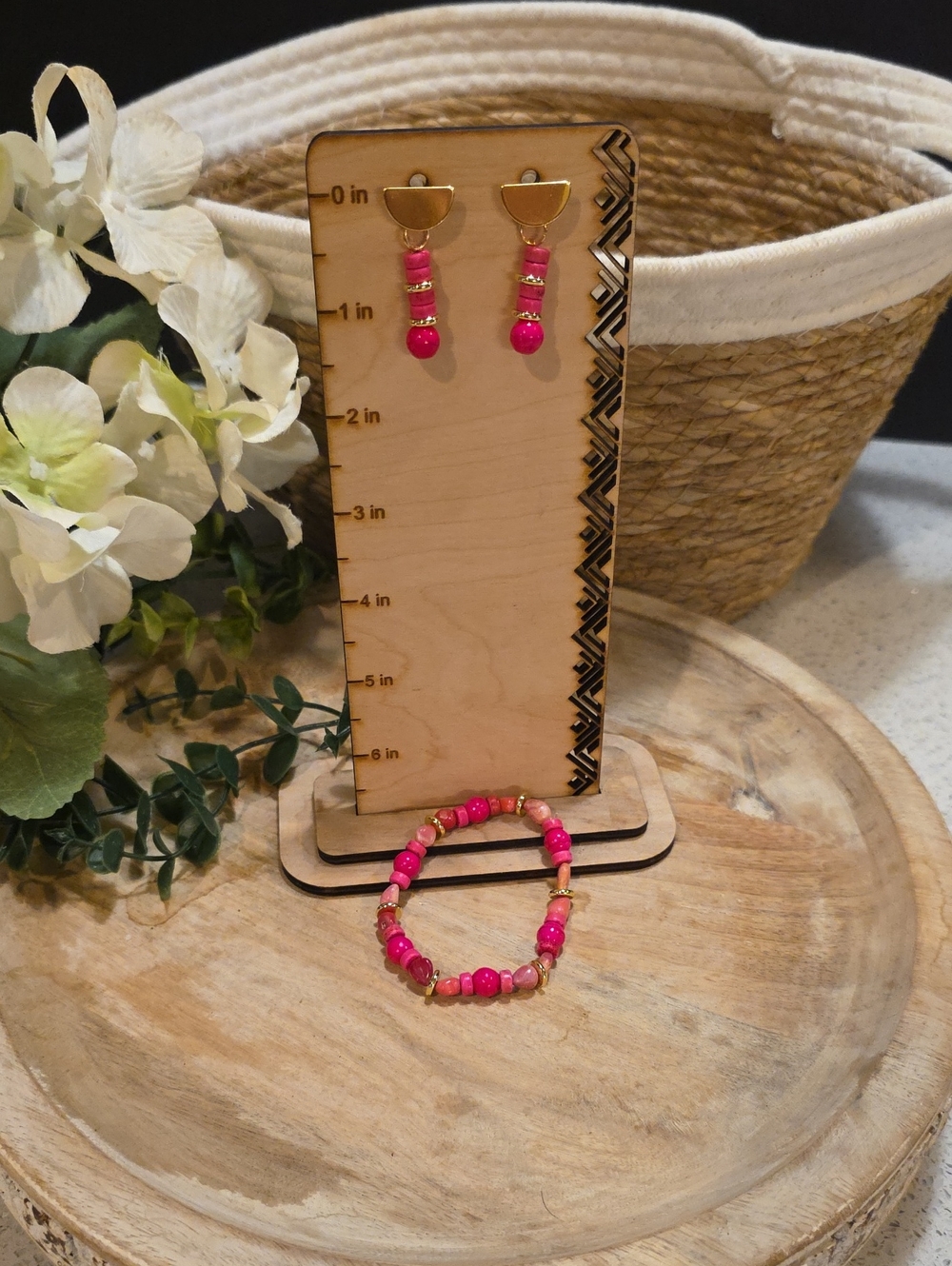 Handmade Pink& Gold Bead Bracelet and Earring Set